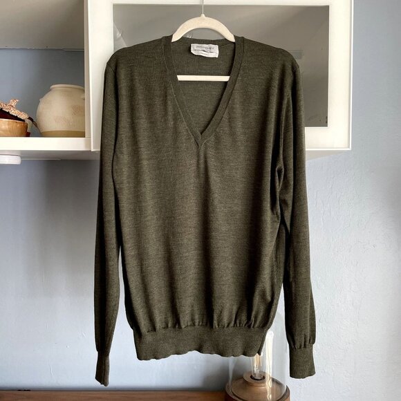 Yves Saint Laurent Heather Green Wool Knit V-Neck Sweater - Picture 1 of 7